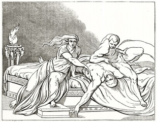 Fototapeta na wymiar Emperor's Claudius death on his bed probably poisoned by Agrippina. Ancient grey tone etching style art by Guemied, Andrew, Best and leloir, Magasin Pittoresque, 1838