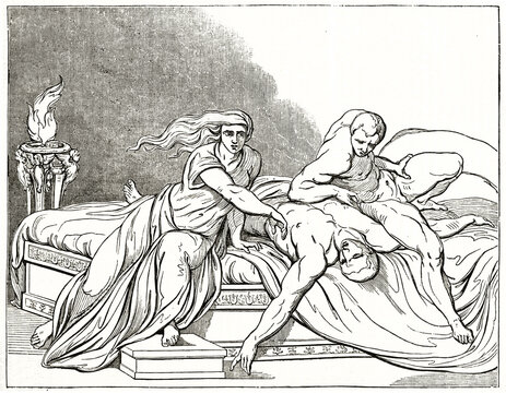 Emperor's Claudius death on his bed probably poisoned by Agrippina. Ancient grey tone etching style art by Guemied, Andrew, Best and leloir, Magasin Pittoresque, 1838