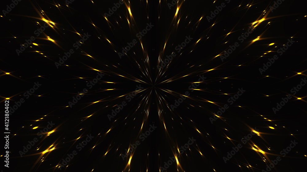 Poster 3d rendering kaleida of lights. radiation from the center of golden stars on a black background. com