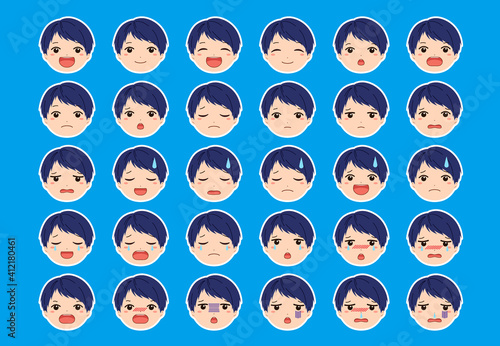 白フチつきの笑ったり泣いたり落ち込んだり色んな表情の男の子の顔のイラストセット Wall Mural アオフジマキ