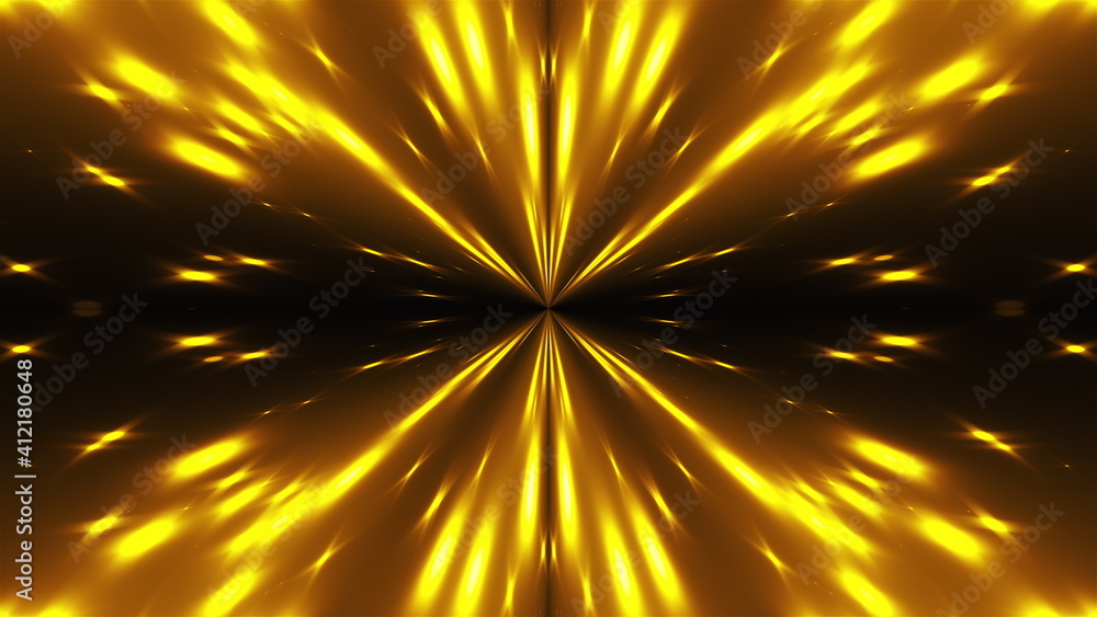 Poster 3d rendering kaleida of lights. radiation from the center of golden stars on a black background. com