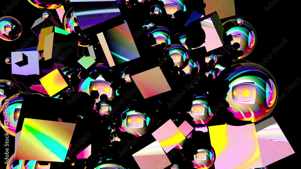 Aufkleber multicolored random cubes filling the screen, computer generated. 3d rendering neon technological ba