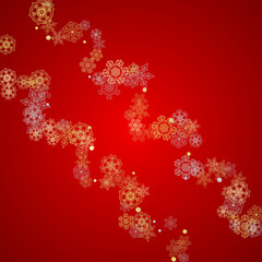 Christmas snow on red background. Glitter frame for seasonal winter banners, gift coupon, voucher, ads, party event. Santa Claus colors with golden Christmas snow. Falling snowflakes for holiday
