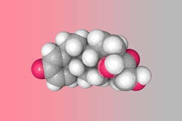 Molecular model of prednisolone. Atoms are represented as spheres with conventional color coding: carbon (grey), oxygen (red), hydrogen (white). Scientific background. 3d illustration