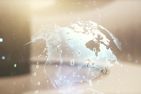 Abstract virtual coding concept and world map hologram on empty corporate office background. Multiexposure
