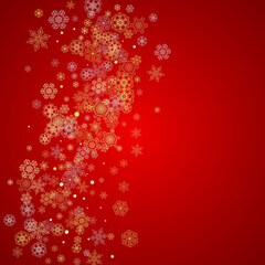 Fototapeta na wymiar Christmas snow on red background. Glitter frame for seasonal winter banners, gift coupon, voucher, ads, party event. Santa Claus colors with golden Christmas snow. Falling snowflakes for holiday