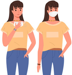 Female character is putting on mask. Black-haired woman in a sweater is posing. Young girl in medical mask vector. Self-isolation during quarantine and pandemic. Girl wearing and remove face mask