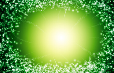 Green sparkle rays glitter lights with bokeh elegant show on stage abstract background. Dust sparks...