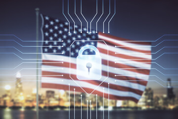 Double exposure of virtual creative lock hologram with chip on USA flag and blurry cityscape background. Information security concept