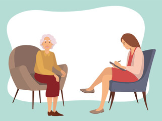 Patients at a reception at the psychotherapies. Elderly woman talking to psychotherapist or psychologist and answer questions. Female sits in a chair, listens and writes to the client s problems