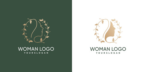 Beautiful lady's face combined with circle form gradient colors floral logo design, premium vector