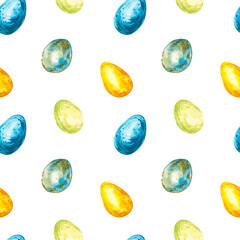Colorful easter eggs seamless patterns. Easter set. Watercolor illustration on white background.