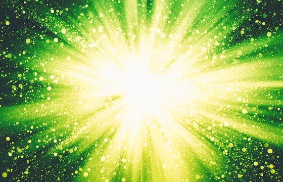 Green sparkle rays glitter lights with bokeh elegant show on stage abstract background. Dust sparks background.