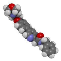Tirbanibulin actinic keratosis drug molecule. 3D rendering. Atoms are represented as spheres with conventional color coding: hydrogen (white), carbon (grey), nitrogen (blue), oxygen (red).