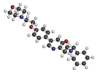 Tirbanibulin actinic keratosis drug molecule. 3D rendering. Atoms are represented as spheres with conventional color coding: hydrogen (white), carbon (grey), nitrogen (blue), oxygen (red).