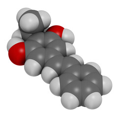 Benvitimod or tapinarof psoriasis drug molecule. 3D rendering. Atoms are represented as spheres with conventional color coding: hydrogen (white), carbon (grey), oxygen (red).