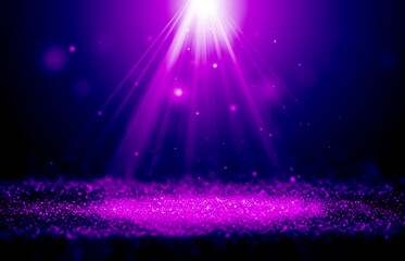 Purple and Pink sparkle rays glitter lights with spotlight bokeh elegant show on stage abstract background. Dust sparks background.Spotlight background