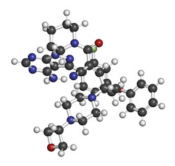 Rilzabrutinib drug molecule. 3D rendering. Atoms are represented as spheres with conventional color coding: hydrogen (white), carbon (grey), nitrogen (blue), oxygen (red), fluorine (light green).