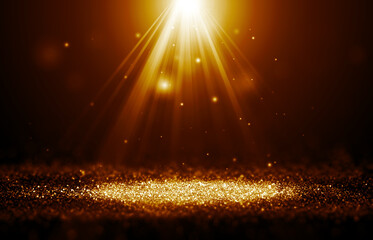 Gold and Yellow color sparkle rays glitter lights with spotlight bokeh elegant show on stage...