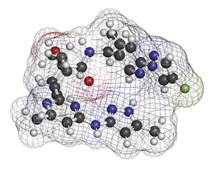 Pralsetinib cancer drug molecule. 3D rendering. Atoms are represented as spheres with conventional color coding: hydrogen (white), carbon (grey), nitrogen (blue), oxygen (red), fluorine (light green).