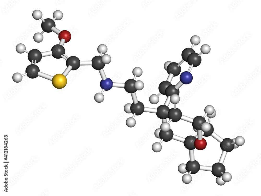 Sticker oliceridine painkiller drug molecule. 3d rendering. atoms are represented as spheres with convention