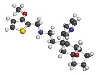 Oliceridine painkiller drug molecule. 3D rendering. Atoms are represented as spheres with conventional color coding: hydrogen (white), carbon (grey), nitrogen (blue), oxygen (red), sulfur (yellow).