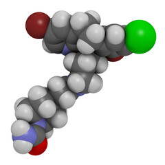 Lonafarnib drug molecule. Inhibitor of farnesyltransferase. 3D rendering. Atoms are represented as spheres with conventional color coding