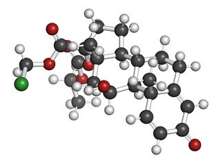 Loteprednol etabonate corticosteroid drug molecule. 3D rendering. Atoms are represented as spheres with conventional color coding