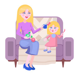 Mother gives the baby to drink from a cup. How to take care of the child flat vector illustration. A woman sitting on a couch next to daughter. Mom holds a handful of apples for a small child