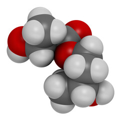 Ketone ester molecule. Present in drinks to induce ketosis. 3D rendering. Atoms are represented as spheres with conventional color coding: hydrogen (white), carbon (grey), oxygen (red).