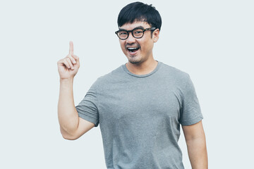 Fototapeta premium adult asian man.young male person wear eye glasses.posing smiling laughing look excited surprised thinking positive happy.empty,copy space for text advertising.white background.attractive fashion