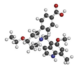 Iptacopan drug molecule. 3D rendering. Atoms are represented as spheres with conventional color coding: hydrogen (white), carbon (grey), nitrogen (blue), oxygen (red).