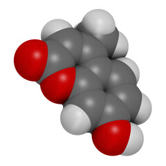 Hymecromone drug molecule. 3D rendering. Atoms are represented as spheres with conventional color coding: hydrogen (white), carbon (grey), oxygen (red).