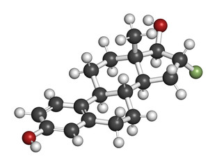Fluoroestradiol F-18 diagnostic molecule. 3D rendering. Atoms are represented as spheres with conventional color coding: hydrogen (white), carbon (grey), oxygen (red), fluorine (light green).