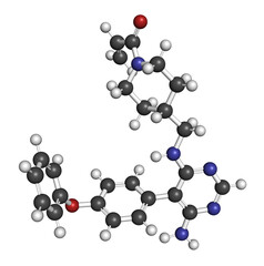 Evobrutinib drug molecule. 3D rendering. Atoms are represented as spheres with conventional color coding: hydrogen (white), carbon (grey), nitrogen (blue), oxygen (red).