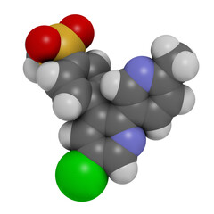 Etoricoxib drug molecule. 3D rendering. Atoms are represented as spheres with conventional color coding