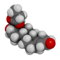 Clascoterone drug molecule. 3D rendering. Atoms are represented as spheres with conventional color coding: hydrogen (white), carbon (grey), oxygen (red).