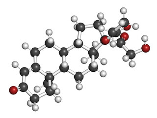 Clascoterone drug molecule. 3D rendering. Atoms are represented as spheres with conventional color coding: hydrogen (white), carbon (grey), oxygen (red).