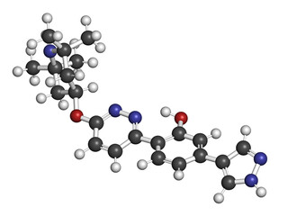 Branaplam SMA drug molecule. 3D rendering. Atoms are represented as spheres with conventional color coding: hydrogen (white), carbon (grey), nitrogen (blue), oxygen (red).