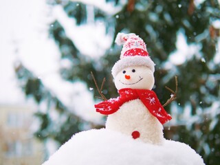 Happy snowman standing on the snow 