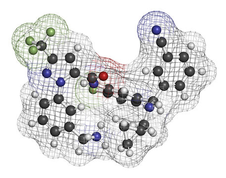 Berotralstat hereditary angioedema drug molecule. 3D rendering. Atoms are represented as spheres with conventional color coding: hydrogen (white), carbon (grey), nitrogen (blue), oxygen (red), etc