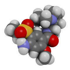 Amisulpride drug molecule. 3D rendering. Atoms are represented as spheres with conventional color coding: hydrogen (white), carbon (grey), nitrogen (blue), oxygen (red), sulfur (yellow).