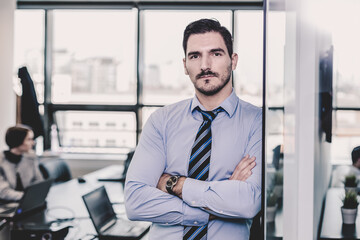 Successful team leader and business owner proudly standing with crossed arms with coworkers working in office in background. Business and entrepreneurship concept.