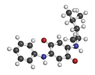 6PPD-quinone, degradation product of the rubber additive 6PPD. Toxic to salmon. 3D rendering. Atoms are represented as spheres with conventional color coding: hydrogen (white), carbon (grey),  etc
