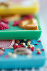 Chocolate bars of different colors, bright chocolate. High quality photo.