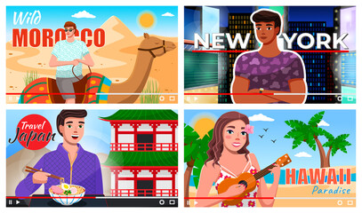 Set of images of tourists travel different countries. Man on a camel in Morocco, young guy in New York, tourist tastes Japanese cuisine, Hawaiian girl plays ukulele. Bloggers make videos about travels