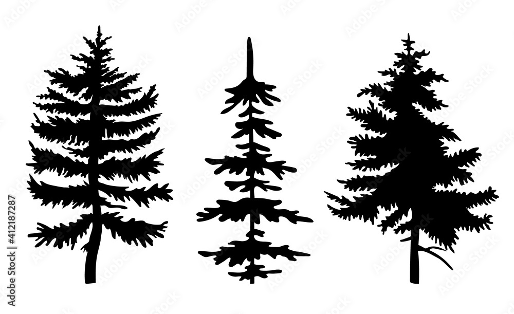 Poster set of black silhouettes of fir-tree. three different spruces. simple tree icon. nature concept. bla