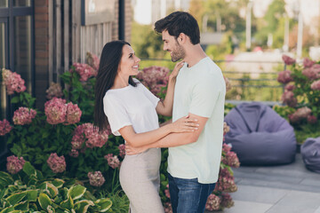 Photo of couple lovers tender cuddle look each other dance wear casual clothes in garden park outdoors