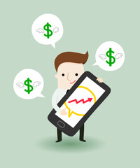 Businessman take a profit on his mobile phone ,illustration cartoon character