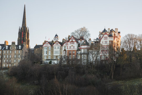 View from Princes Street Gardens of Ramsay Garden, a block of private apartment buildings in the Castlehill area of Edinburgh old town, Scotland.